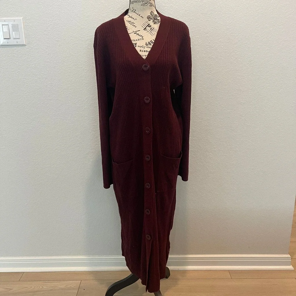 Spense Woman Burgundy Ribbed Long Sleeve Button Front Cardigan Dress Size 1X - Picture 4 of 8